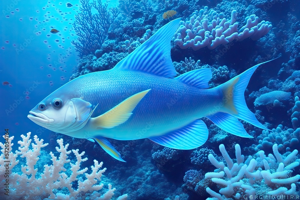 Underwater coral reef landscape with fish, generative ai, in the deep blue ocean with colorful marine life Underwater coral reef landscape with fish, generative ai, in the deep blue ocean with colorful marine life