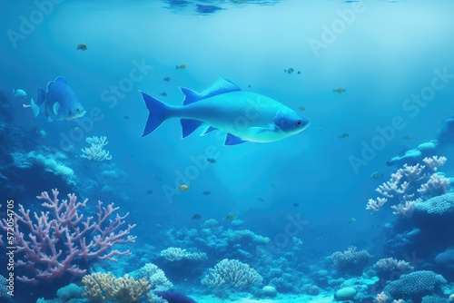 Underwater coral reef landscape with fish, generative ai, in the deep blue ocean with colorful marine life © Aleksandr