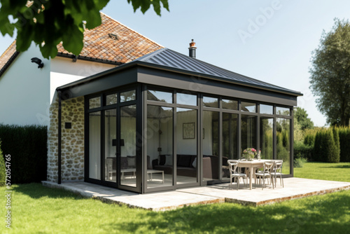 Véranda Aluminium - une extension moderne de maison - Vue de l'extérieur sur la veranda photo