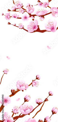 Flying pink petals and sakura branches. Vertical banner backround