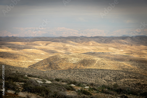 Old beguin cemetery graveyard ruins, hills mountain ridge scenic landscape view, Arif crater Negev desert, travel Israel nature. photo