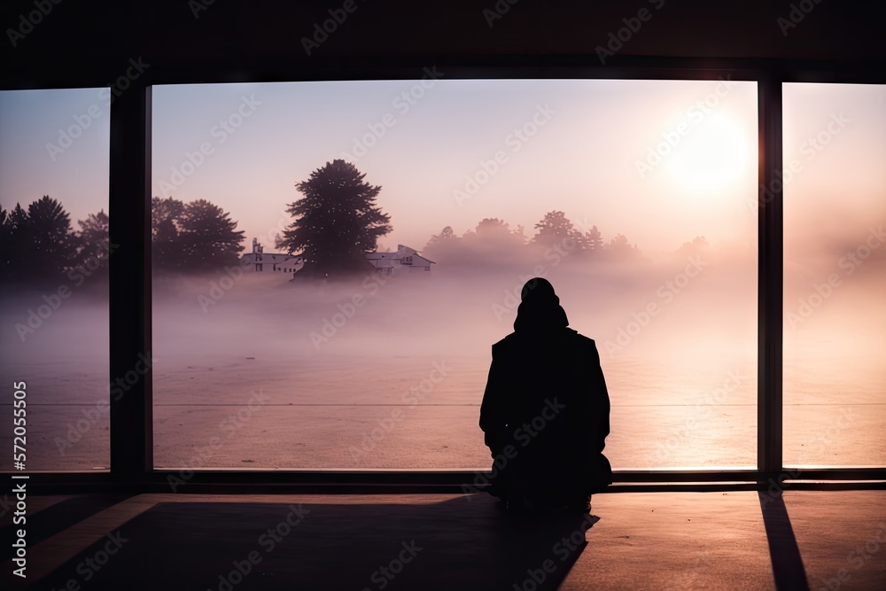 Muslim praying in a foggy environment, silhouette photo, no face visible, generative ai, color grading, islam religion concept photo