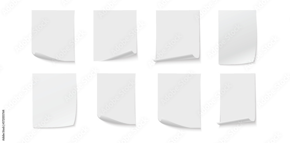 Realistic paper sheet with curled corners. Mackup empty paper note A4 format curve page corner, pages edge curl and bent papers sheet set with shadow - stock vector Realistic paper sheet with curled corners. Mackup empty paper note A4 format curve page corner, pages edge curl and bent papers sheet set with shadow - stock vector