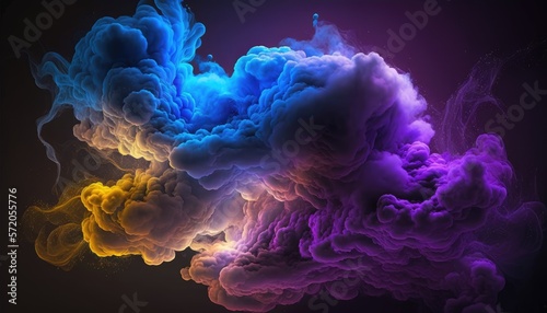 Neon blue and purple multicolored smoke puff cloud design elements on a dark background - generative ai © Adriana