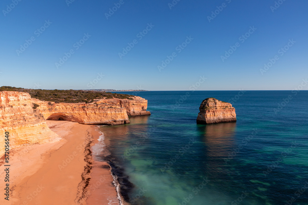 Landscape of the rocky beach in Albufeira - Portugal