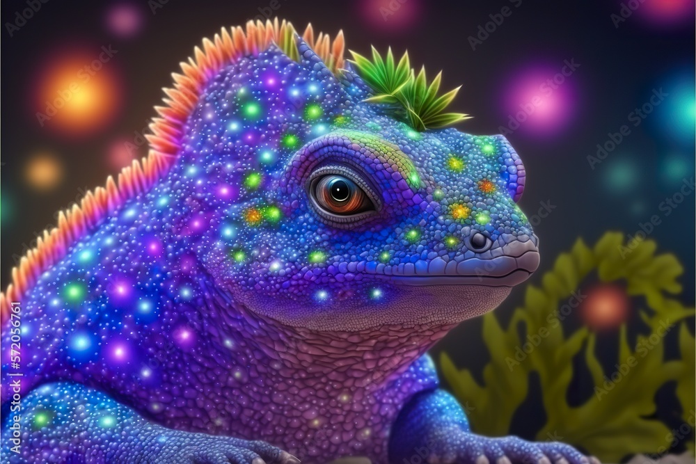 Baby dragon with shimmering diamond scales and neon created with Generative AI 