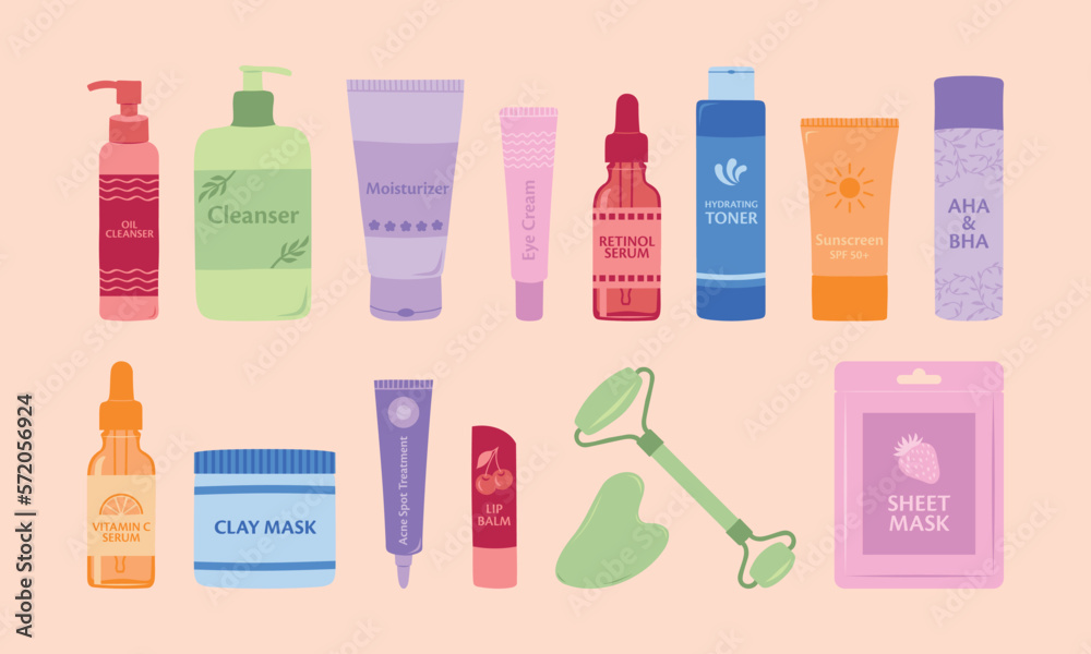 Set of basic Skincare Products for the skincare routine. Collection of jars and bottles of cream, lotion, serum, cleanser, mask, balm, oil vector flat illustration. Set of basic Skincare Products for the skincare routine. Collection of jars and bottles of cream, lotion, serum, cleanser, mask, balm, oil vector flat illustration.