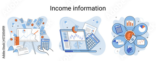 Income information vector set, business profitability indicator, entrepreneurial activity and accounting. Registration of claim form document, providing personal information, financial report for tax