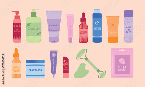 Set of basic Skincare Products for the skincare routine. Collection of jars and bottles of cream, lotion, serum, cleanser, mask, balm, oil vector flat illustration. 