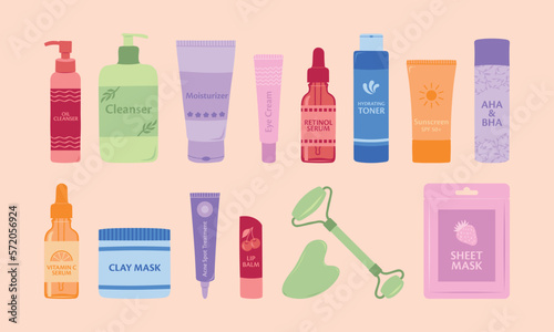 Set of basic Skincare Products for the skincare routine. Collection of jars and bottles of cream, lotion, serum, cleanser, mask, balm, oil vector flat illustration.  © Daniela