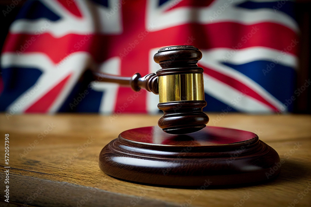 Mallet of judge in England UK courtroom. British flag in courtroom. Supreme Court of United Kingdom. United Kingdom Judiciary. England Justice, UK Judicial Authority. Appellate of House of Lords. 
