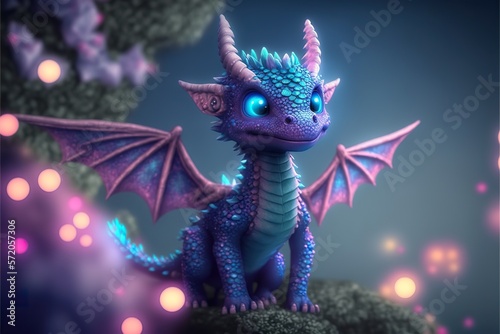 Baby dragon with shimmering diamond scales and neon created with Generative AI 