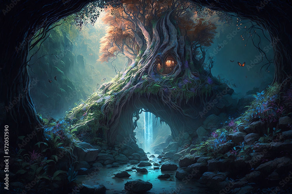 Fantasy forest tree house over a stream scene AI Generative	