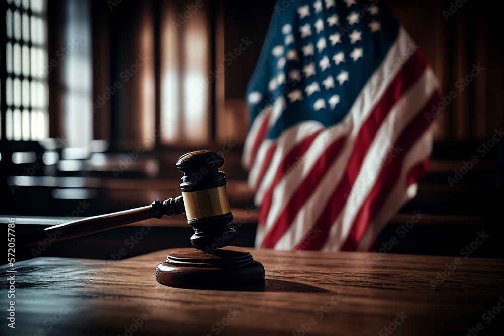 Mallet of judge in American courtroom. American flag in courtroom with Judge hammer or Mallet of judge. Justice concept in courtroom. Сourt of USA, United States (SCOTUS), appellate jurisdiction.. - obrazy, fototapety, plakaty 