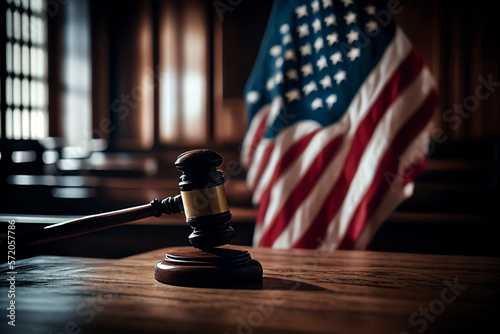 Mallet of judge in American courtroom. American flag in courtroom with Judge hammer or Mallet of judge. Justice concept in courtroom. Сourt of USA, United States (SCOTUS), appellate jurisdiction..