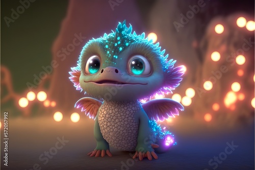 Baby dragon with shimmering diamond scales and neon created with Generative AI  photo