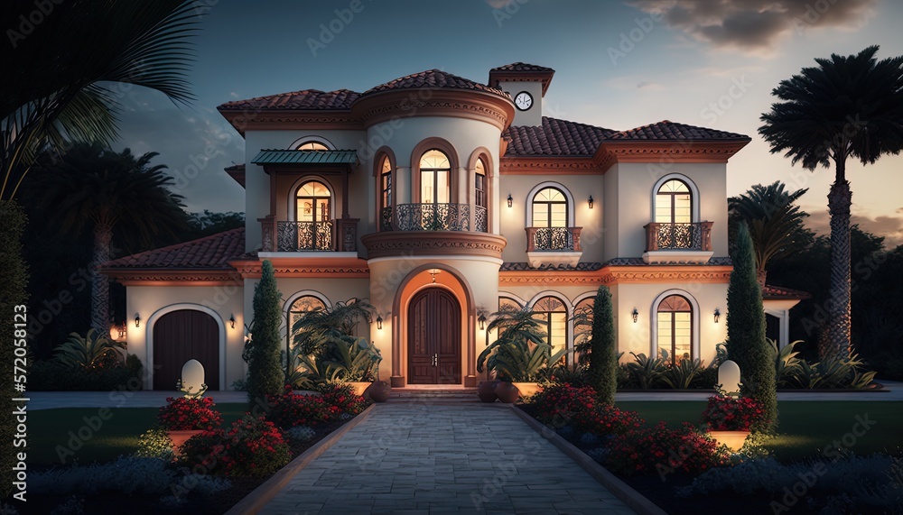 big luxury house with beautiful front garden, real estate background design,  Generative Ai