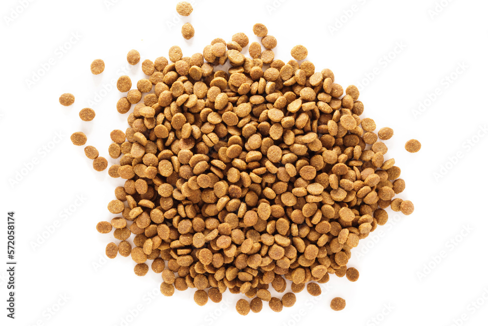 Dry cat food on a white background. A pile of dry pellet food for cats and dogs Dry cat food on a white background. A pile of dry pellet food for cats and dogs