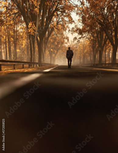 Man on foggy road in autumn forest. 3D render.
