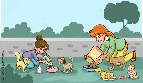 mother and kids feeding stray animals cartoon vector