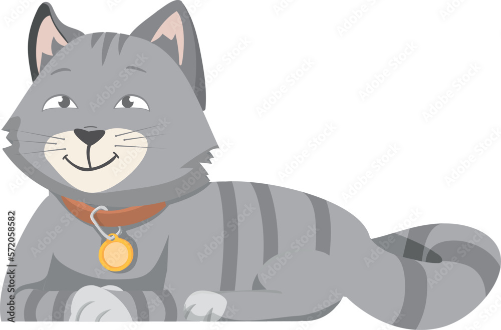 Fototapeta premium Happy gray striped cat. Smiling cartoon character