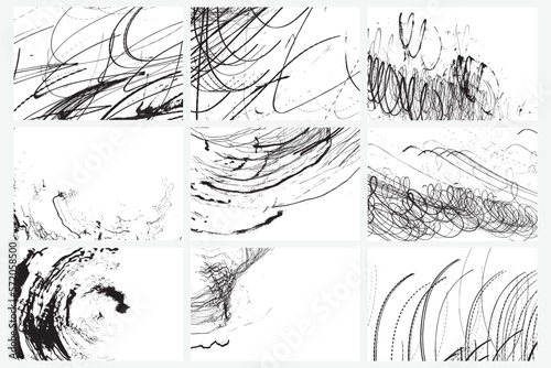 Monochromatic stop freeze frames set of black and white grunge pencil doodle scribbles lines on white background. Coal line sketches art. Vector.