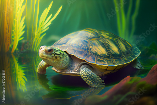 In aller Ruhe: Eine Schildkröte genießt das Grün - Generative Ai © Sarah