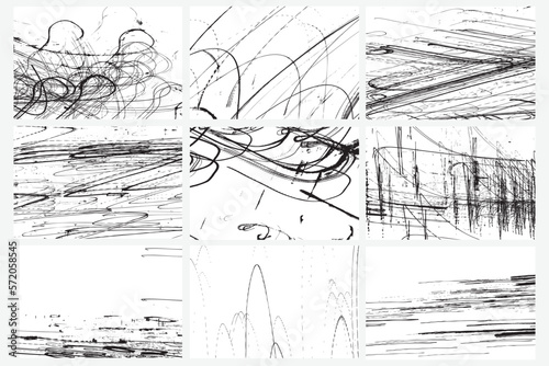 Monochromatic stop freeze frames set of black and white grunge pencil doodle scribbles lines on white background. Coal line sketches art. Vector.