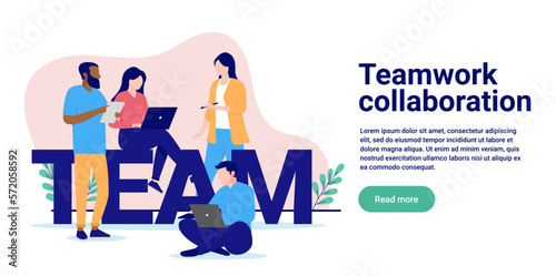 Teamwork collaboration - Team of people working and sitting on big letters. Flat design vector illustration with copy space and white background