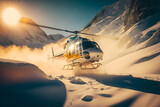 Helicopter landing on snow mountain in glacier. The helicopter service and emergency rescue. Generative AI