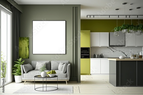 empty hanging picture frame in living room in modern and minimalism style decoration  blank white mock-up space for your photo or message   green grey tone color room  Generative Ai