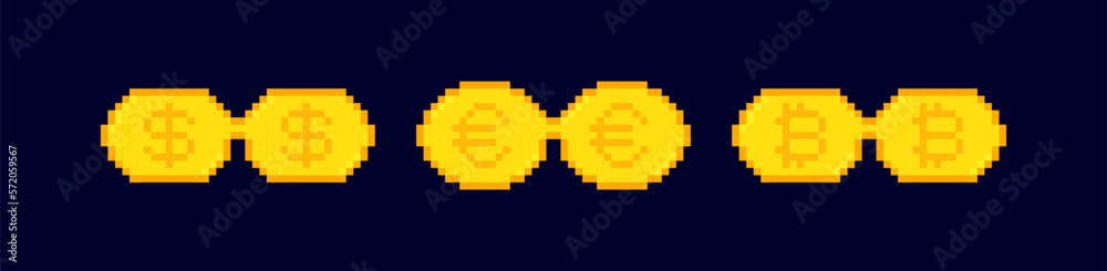 Gold pixel glasses with dollar euro and bitcoin isolated on dark background. Like a boss meme. Mafia gangster funky logo. Vector illustration graphic design Gold pixel glasses with dollar euro and bitcoin isolated on dark background. Like a boss meme. Mafia gangster funky logo. Vector illustration graphic design