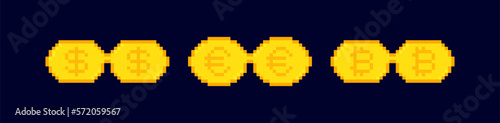 Gold pixel glasses with dollar euro and bitcoin isolated on dark background. Like a boss meme. Mafia gangster funky logo. Vector illustration graphic design