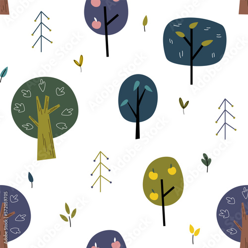 Seamless childish pattern with forest in cartoon style