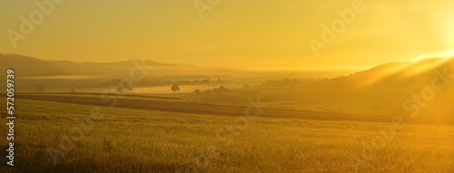 Sunrise over the morning field landscape with fog