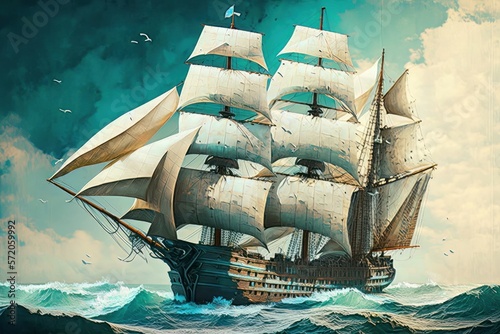 Galleon of the sixteenth century sailing with all the sails unfolded. Generative AI.