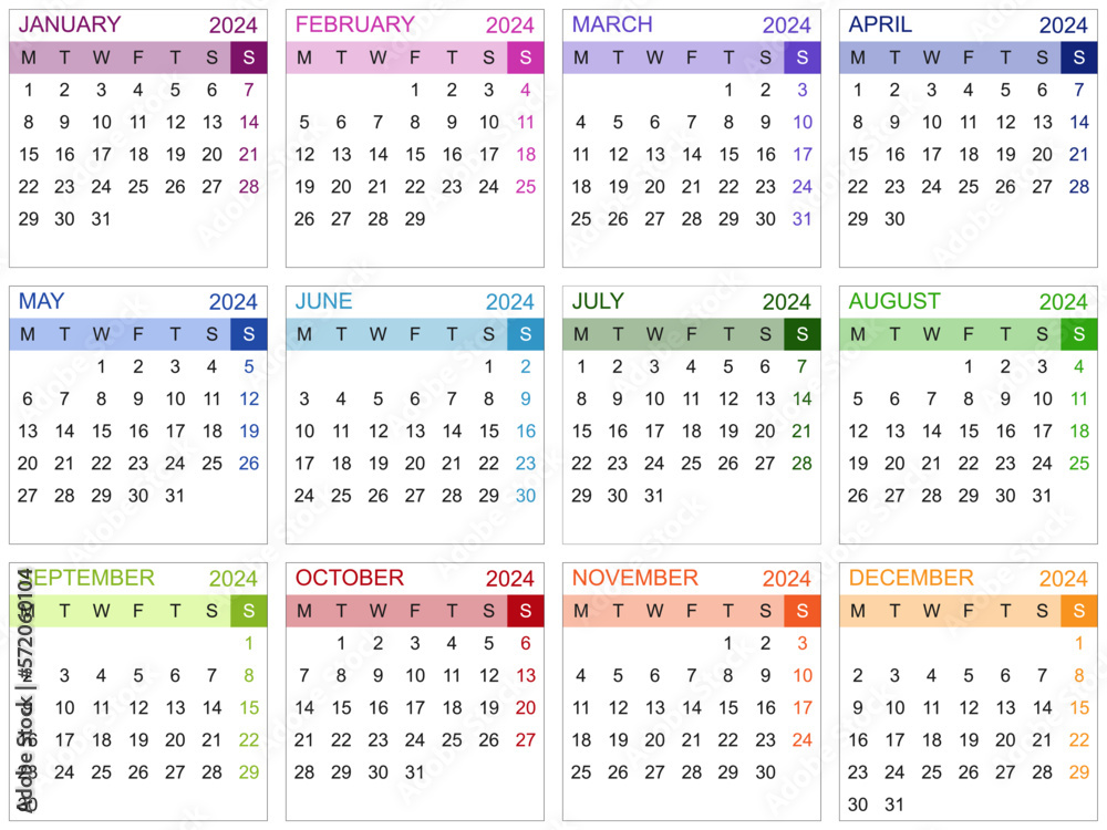 Modèle de calendrier 2024 pour agenda, planning, organiseur avec