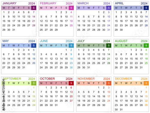 Modèle de calendrier 2024 pour agenda, planning, organiseur avec textes en anglais - textes vectorisés et non vectorisés sur calques séparés