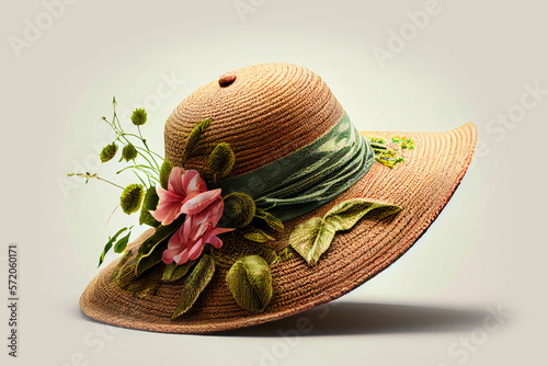 summer wicker hat with wide brim with flowers. women hat protection from the sun. ai generated photo