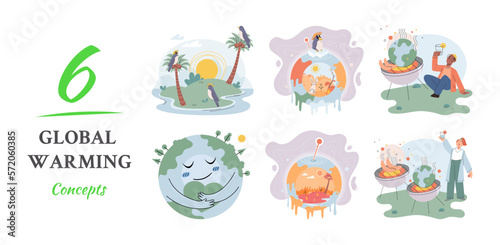 Global warming 6 concepts. long-term increase in average temperature of Earths climate system. Environment is changing, state of atmosphere, oceans, ice sheets and surface. Growth of greenhouse gases