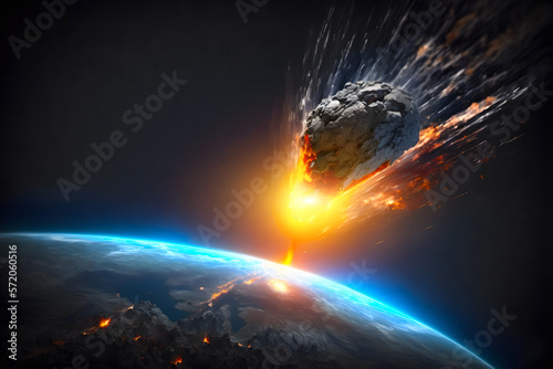 Asteroid impact, end of world, judgment day. Group of burning exploding asteroids from deep space approaches to planet Earth. Generative AI