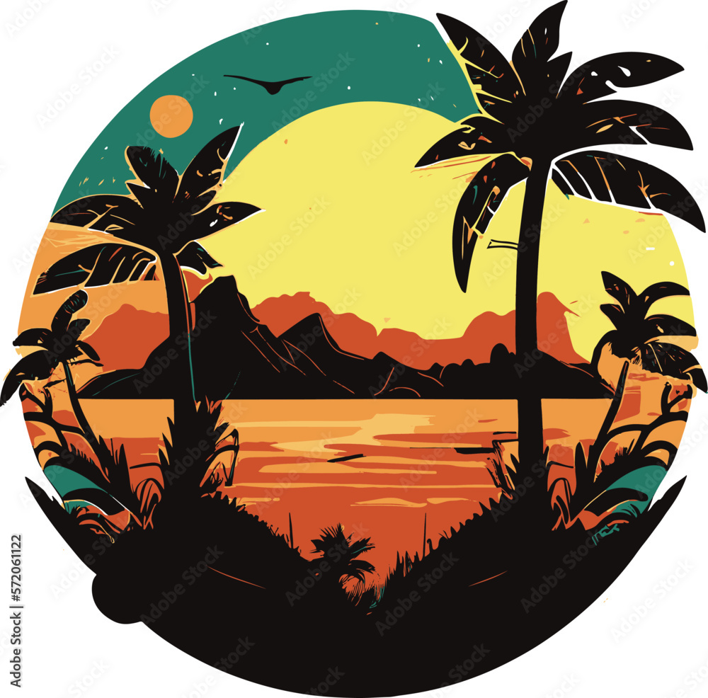 Tropical island with palm trees at sunset. Vector image.. Stock Vector ...