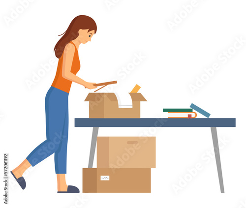 Relocation and move to new house concept. Young female character moving into new family home, Woman unpacking or packing cardboard boxes with stuff for moving standing in room isolated on white