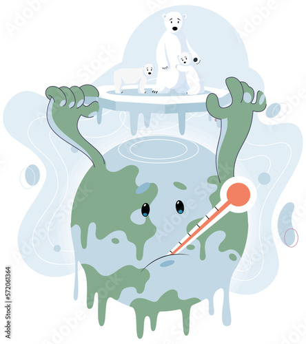Planet Earth is suffering, danger rising temperature, water drops flowing from globe due to global warming climate changes concept with family of unfortunate polar bears standing on melting ice floe