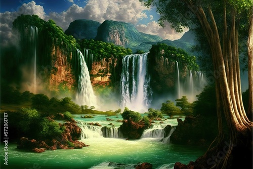 Landscape with waterfall created with Generative AI 