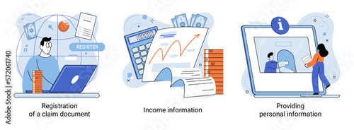 Registration of claim form register document, providing personal information, income information vector set. Tax filing, employer form, earnings statement documents, online software abstract metaphor