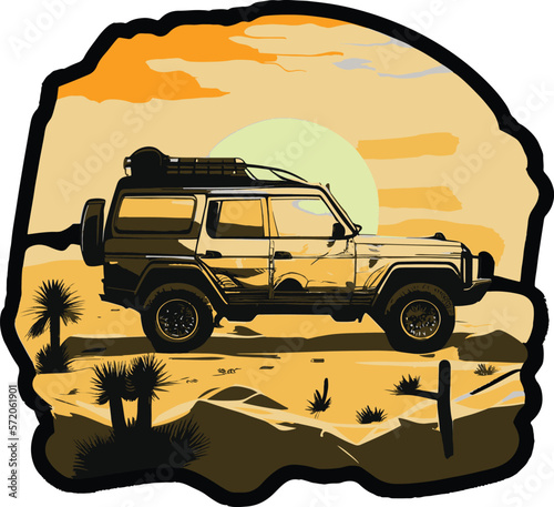 Vector image of SUV in desert. Silhouette at sunset, isolated from background..