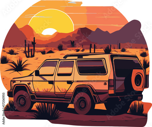 Vector image of SUV in desert. Silhouette at sunset, isolated from background..