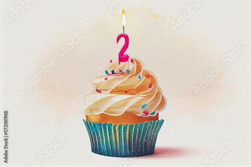  Vanilla buttercream cupcake with birthday candle, on a white background, watercolor style AI Generated