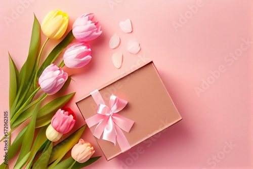  Easter greeting card with easter gingerbread eggs gift box and tulip flowers over pink background. Top view flat lay with copy space, watercolor style AI Generated © Катерина Євтехова